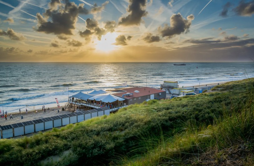 Kaapduin beach pavilion at sunset